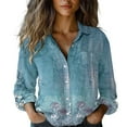 thumbnail image 2 of Blue Womens Blouses Women's Long Sleeved Printed Button Down Shirt Ladies Tops and Blouses, 2 of 5