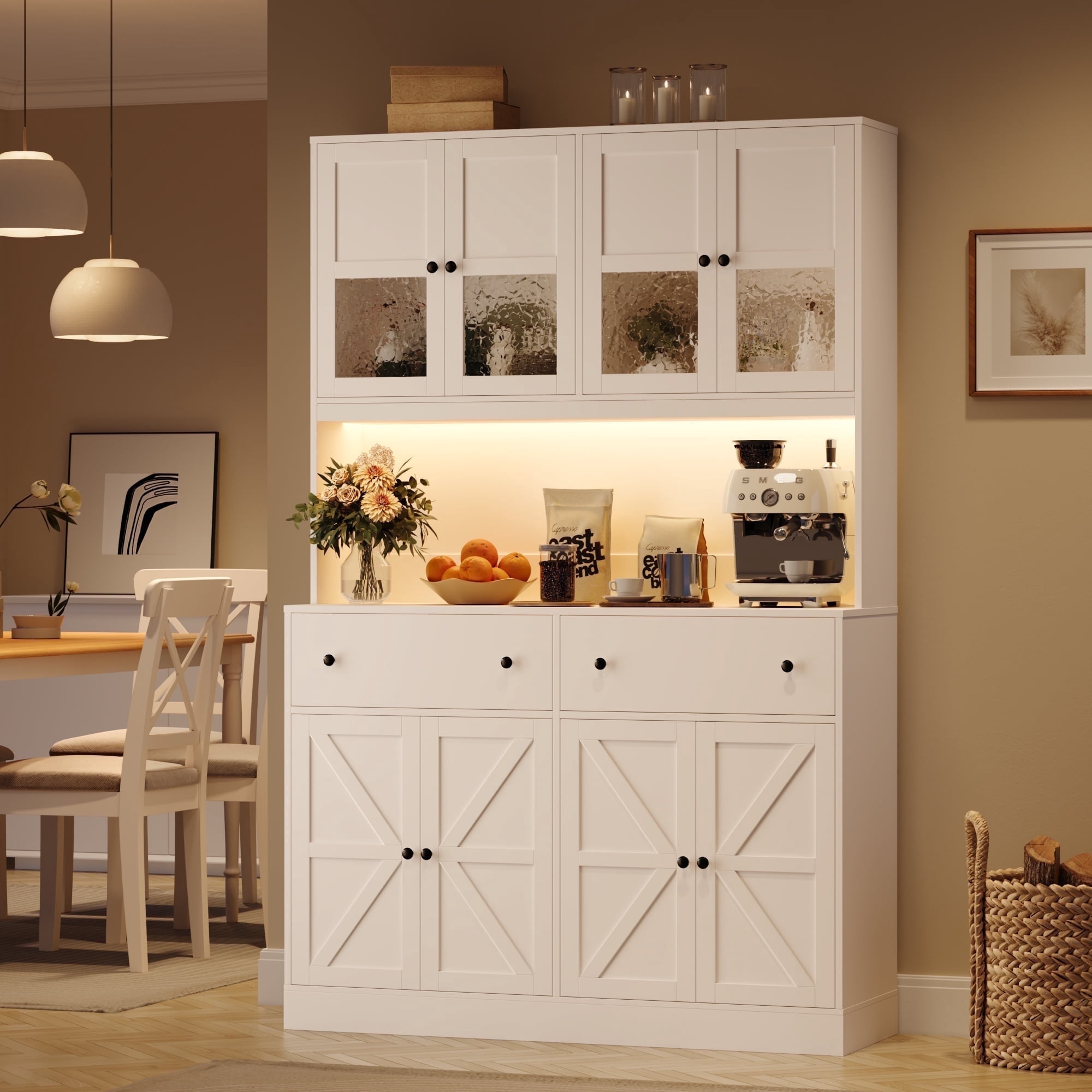 Homfa 71" Tall Kitchen Pantry Cabinet with LED Lights & Charging Station, MDF Freestanding Storage Cupboard with 8 Doors 2 Drawers, Buffet Cabinet with Storage for Dining Living Room, White