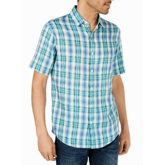 Michael Kors Men's Linen Plaid Short Sleeve Shirt, Green/Blue, Size 2XL