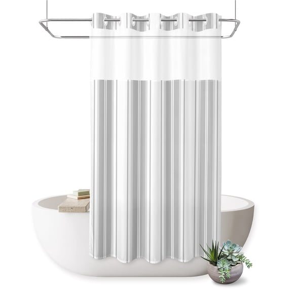 Gray Striped No Hook Shower Curtain Vertical Stripe Modern Minimalist Shower Curtain with See Through Top Window, Waterproof Washable Fabric Curtain for Bathroom Hotel Decor, 36Wx72L