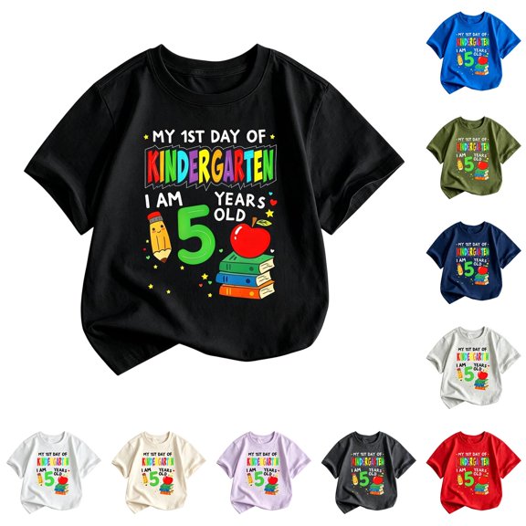 XFeng Kids My 1st Day Of Kindergarten T-Shirt, 5 Years Old Pencil Apple Book Graphic Short Sleeve Crew Neck Tee