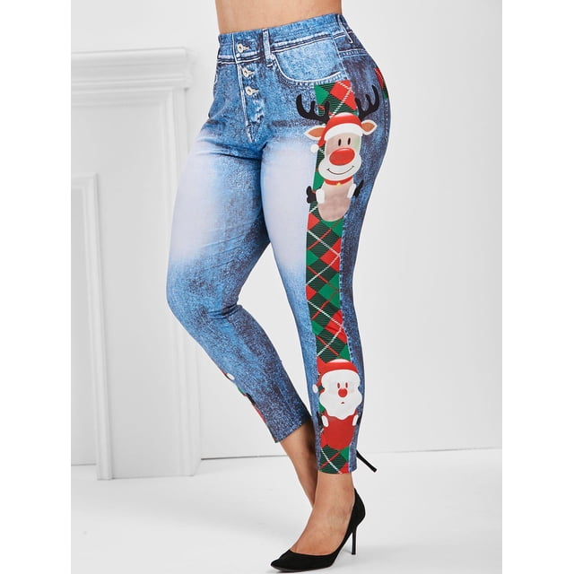 Impresión 3D Dibujos animados de dibujos animados Plaid Papá Noel Santa Claus Navidad más Tamaño Jeggings Rosegal Leggings de talla grande