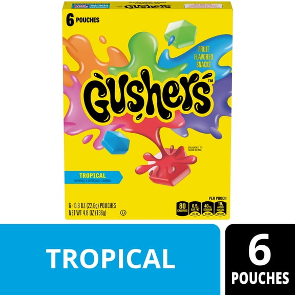 Gushers Fruit Flavored Snacks, Tropical Fruit Flavor, 6 Pouches, 4.8 oz