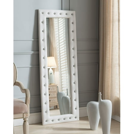 Faux Leather Rectangular Wall Mirror (Jane White Upholstered Tufted Faux Leather Transitional Floor Standing Mirror (Crystal Buttons) (63