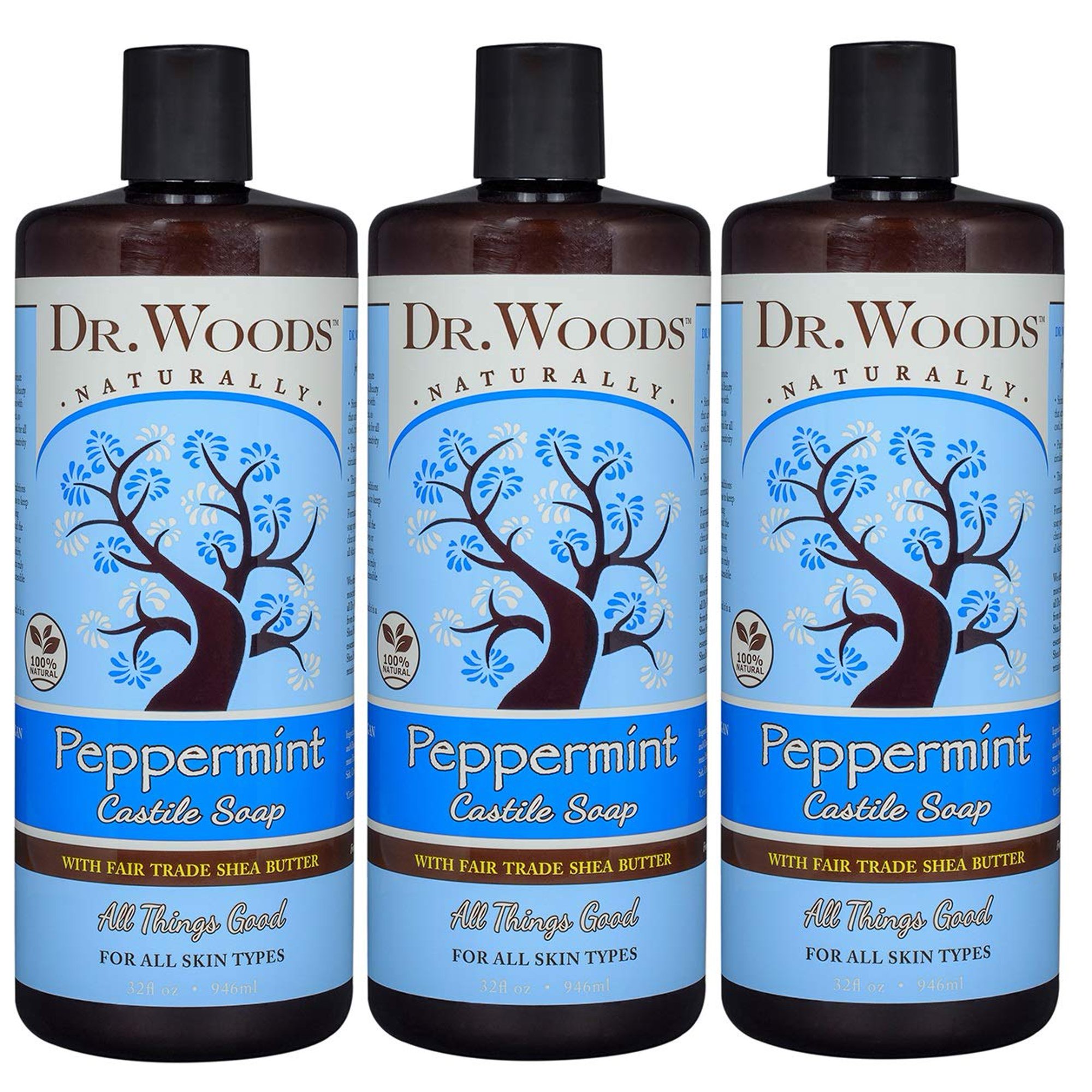 Dr. Woods Pure Peppermint Liquid Castile Soap with Organic Shea Butter, 32 Ounce (Pack of 3)
