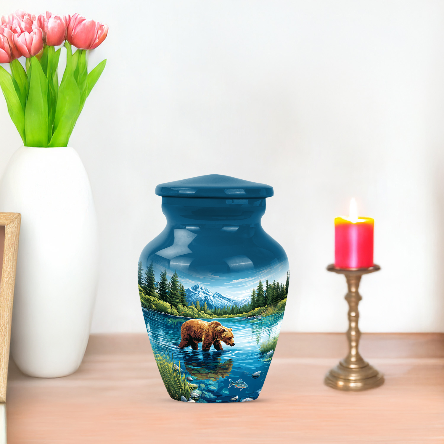 JAGASY Bear Small Urn for Sister, Blue Urn for Human Ashes Keepsake, River Trees Mountain & Blue Sky Decorative Urns for Siblings, Memorial Tiny Urns for Brother, (3 Inch)