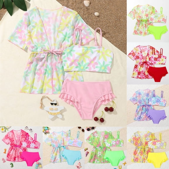 SHenli Girls Swimsuit Size 8 Cute Ruffle Bikini Spaghetti Strap Girls Tankini Swimsuit 3 Piece Cutout Beach Skirt Cute Ruched Bathing Suit