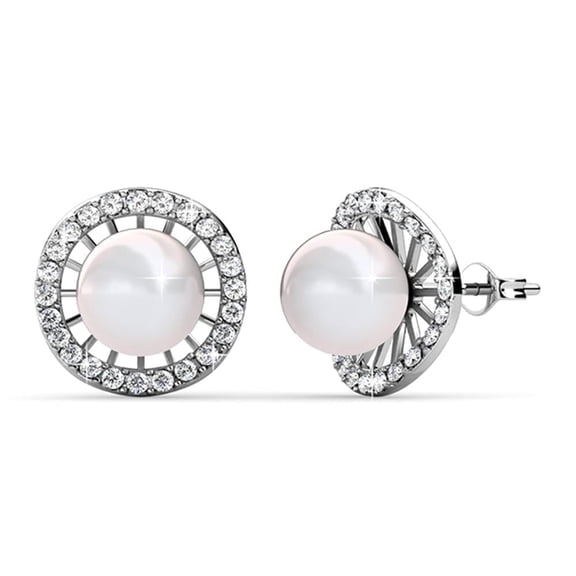 Cate & Chloe Nina White Gold Plated Classic Shell Pearl Women's Stud Earrings, Swarovski Crystals