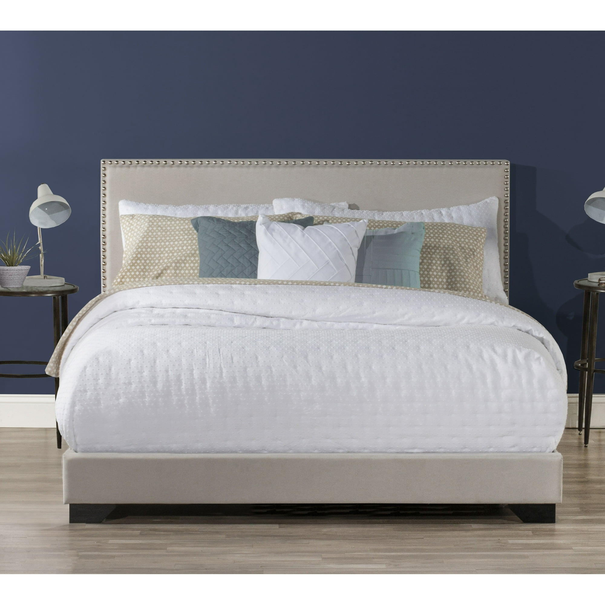 Hillsdale Willow Nailhead Trim Upholstered Queen Bed, Fog, by Hillsdale