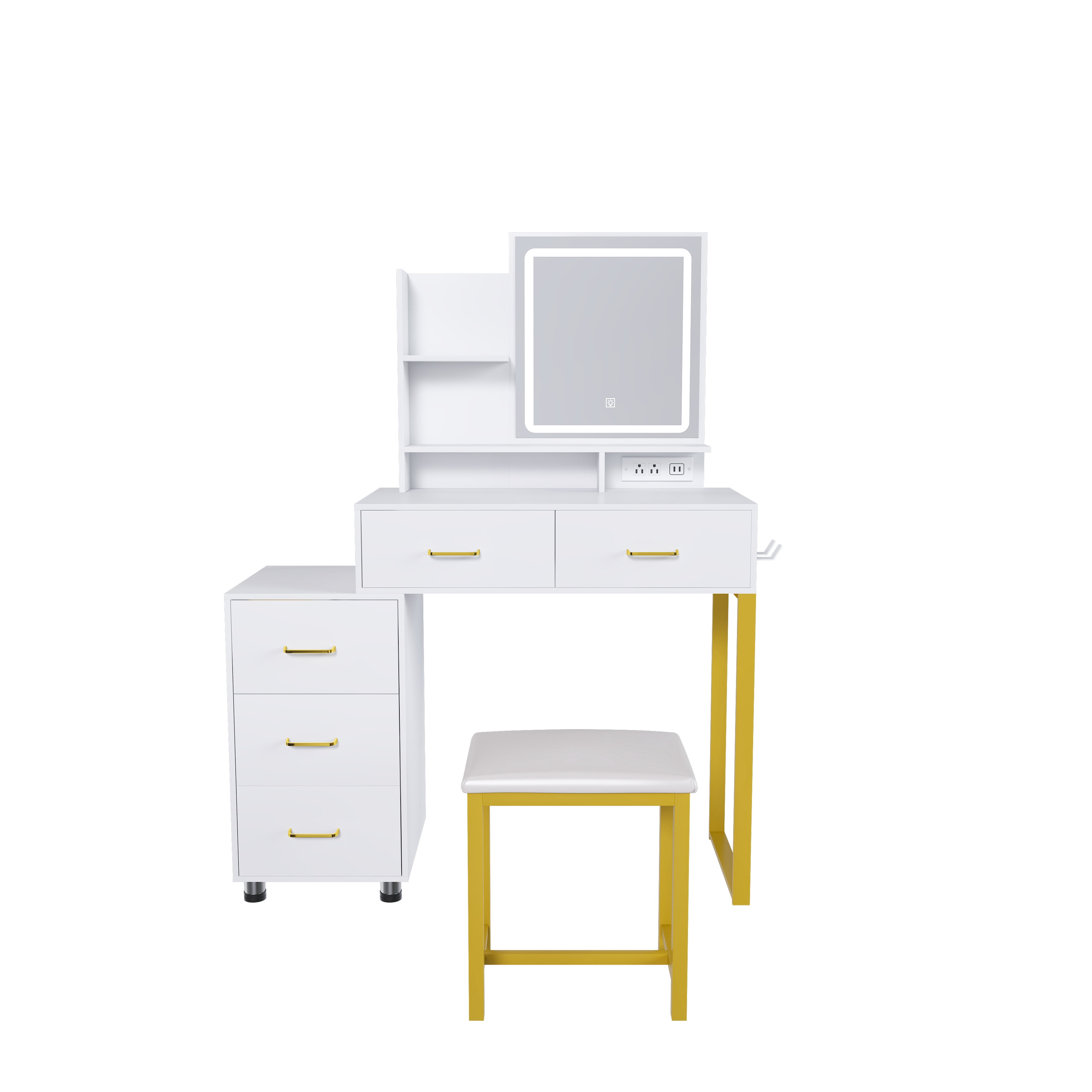 Montary White LED Vanity w/ Power Outlet & 3 Lights: 5-Drawer Makeup Desk w/ Sturdy Metal Legs & Stool