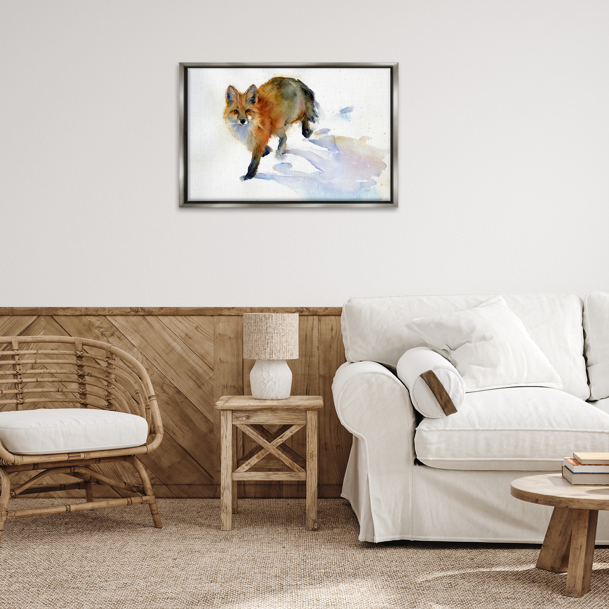 Stupell Industries Stepping Fox in Snow Animals & Insects Painting Gray Floater Framed Canvas Art Print Wall Art, 31 x 21