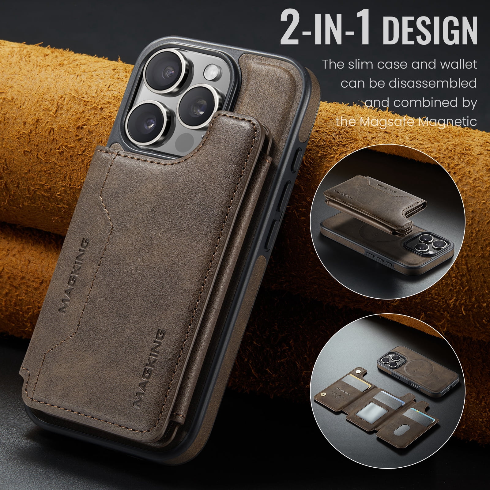 Designed for iPhone 16 Pro Max Wallet Phone Case,Magnetic Detachable Flip Card Holder,Back Flip Kickstand,Compatible with Mag-Safe,2-in-1 PU Leather Heavy Duty Shockproof Phone Case,Coffee