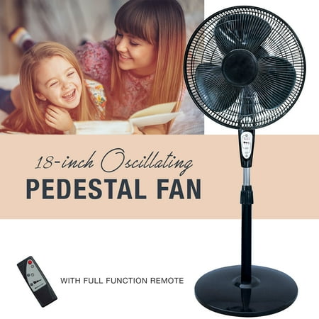 3 Speed Oscillating 18 Inch Pedestal Fan with Remote Control, Adjustable Tilt with Metal Grilles,