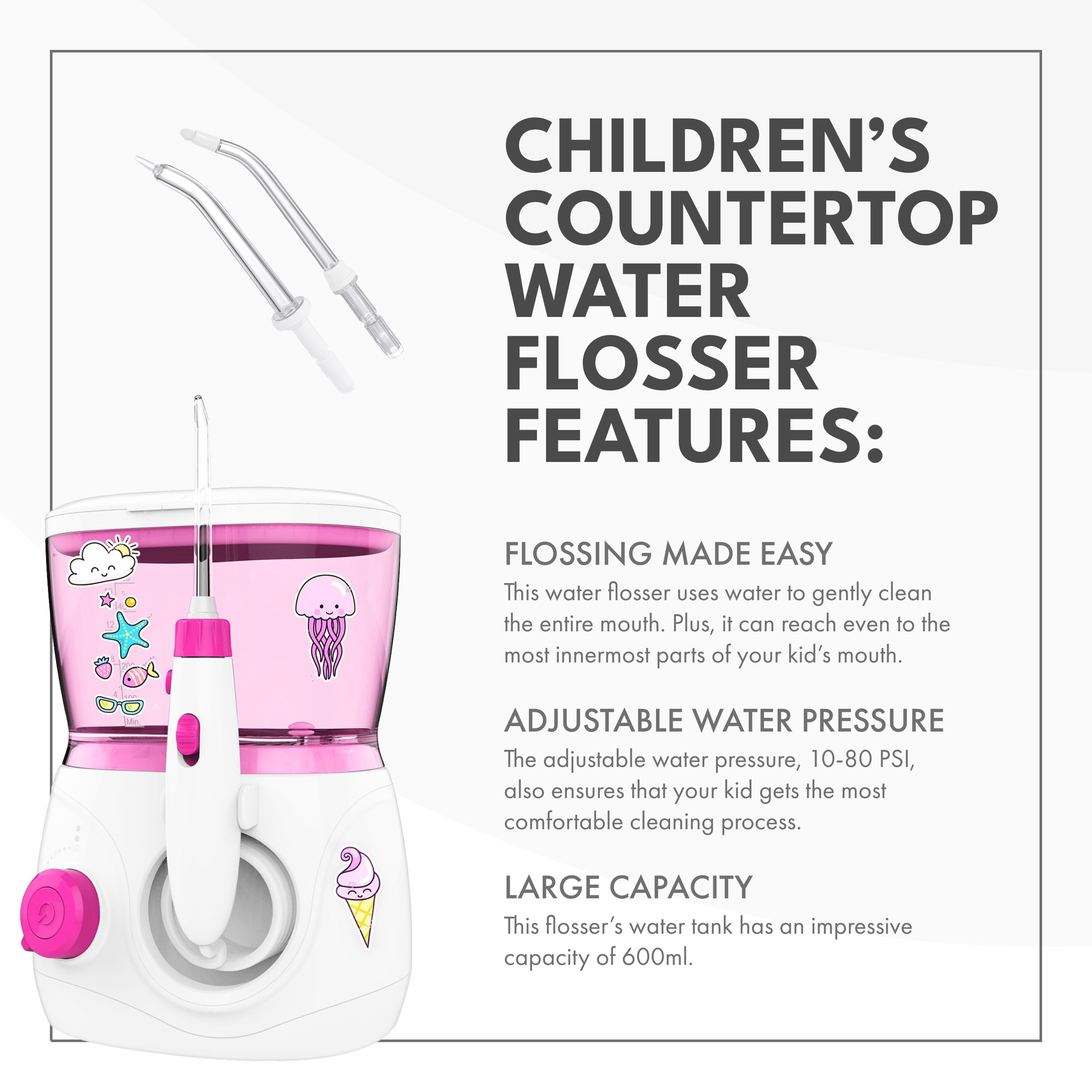 ToiletTree Products Water Flosser for Kids BPA-Free Portable Water Flosser with 600ml Capacity, Pink