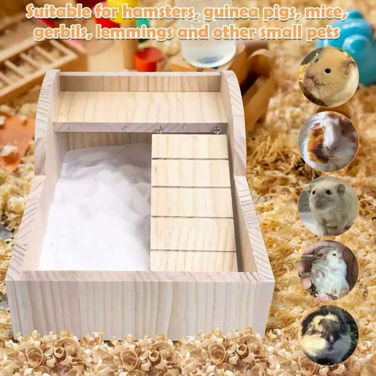 Hamster Sand Bath Wood with Ladder for Small Animals - Indoor Outdoor Pet Bedding Solution for Hamsters Guine pigs Mice Squirrels