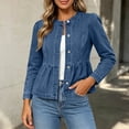 thumbnail image 2 of Women's Cropped Peplum Denim Jacket Round Neck Long Sleeve Button Down Slim Casual Jean Outer Coat Vintage Washed Fall Fashion Tops Dark Blue, 2 of 9