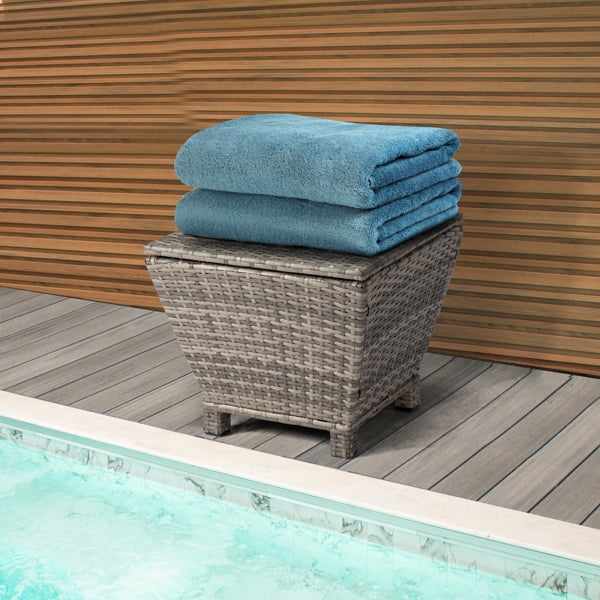 Outdoor PE Wicker Side Table with Storage, Small Patio Storage Bin Container for Hose Cushion Towel, Grey