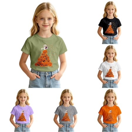 XUANTAOO Boys Girls Short Sleeve T Shirts Cute Print Army Green Ghost Pumpkin Bat Tee Halloween Shirt 8-9 Years