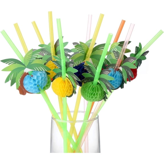 GoXteam 100pcs Coconut Tree Drinking Straws, Disposable Honeycomb Plastic Straws, Tropical Hawaiian Beach Cocktail Pool Luau Party Decorations Supplies