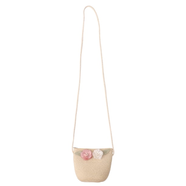 EeaseMX Bolso bandolera de paja para niñas, tejido a mano con encaje floral, ideal para playa (beige, color de flor al azar)