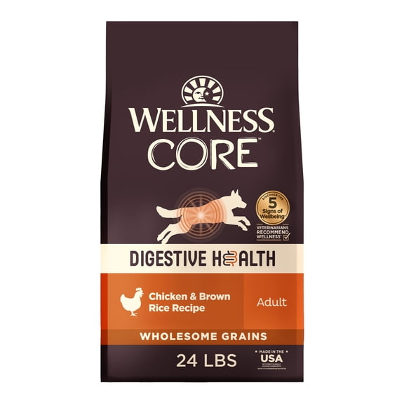 Wellness CORE Digestive Health Dry Dog Food, Wholesome Grains, Natural, High Quality Ingredients for Dogs with Sensitive Stomachs, Chicken Recipe, (24-Pound Bag)