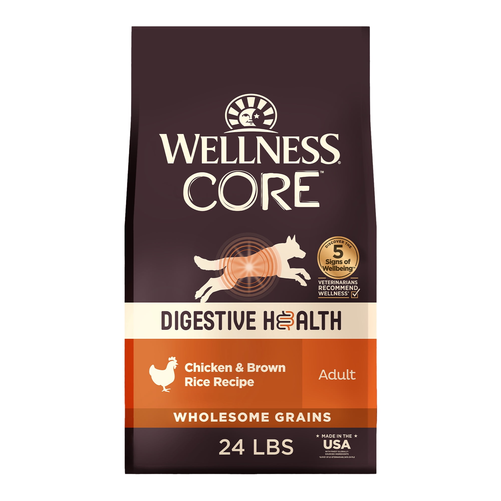 Wellness CORE Digestive Health Adult Dry Dog Food, Wholesome Grain Kibble, Sensitive Stomach, Natural, High Protein, Chicken Recipe, 24 lb Bag