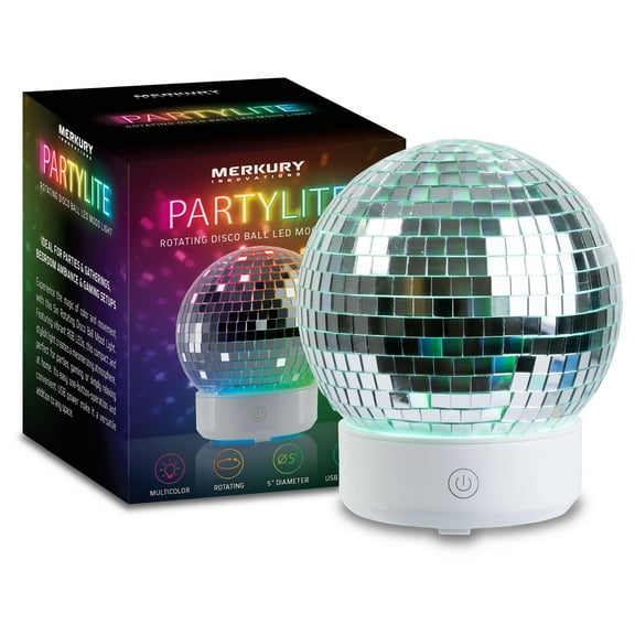 Merkury Innovations Rotating LED Disco Ball Light – 5” Multicolor Party Lamp with White Base & 6ft Cord