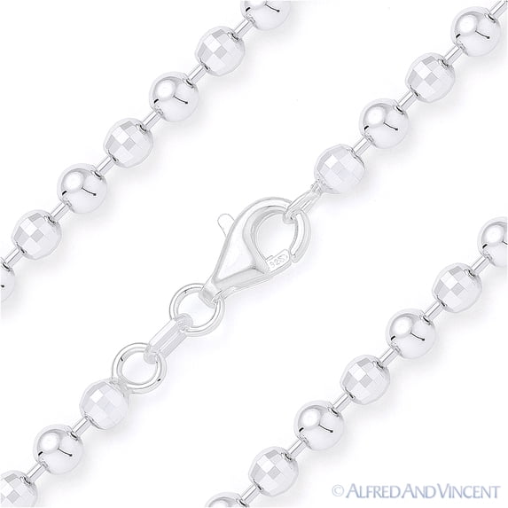 4.1mm Ball & Faceted Diamond-Cut Bead Link Chain Necklace in 925 Sterling Silver w/ Rhodium