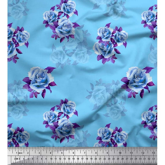 Soimoi Blue Cotton Poplin Fabric Leaves & Alba Rose Floral Printed Craft Fabric by the Yard 42 Inch Wide