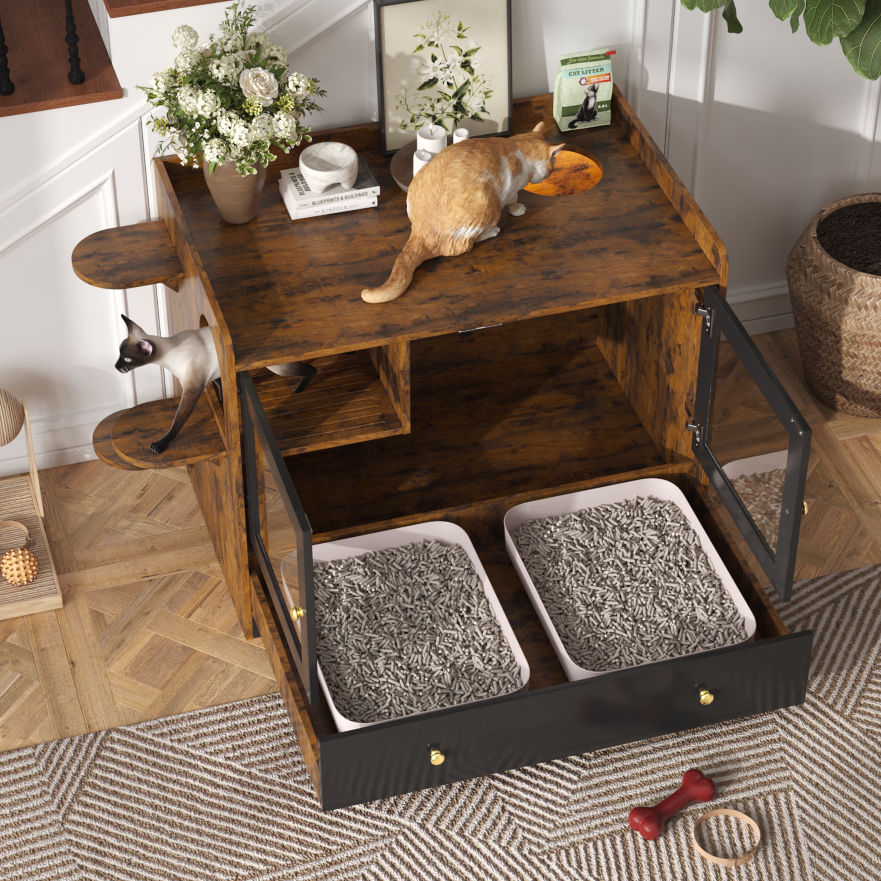 43'' Hidden Cat Litter Box Wooden Furniture Enclosure with Drawer and Stairs Washroom for Bedroom