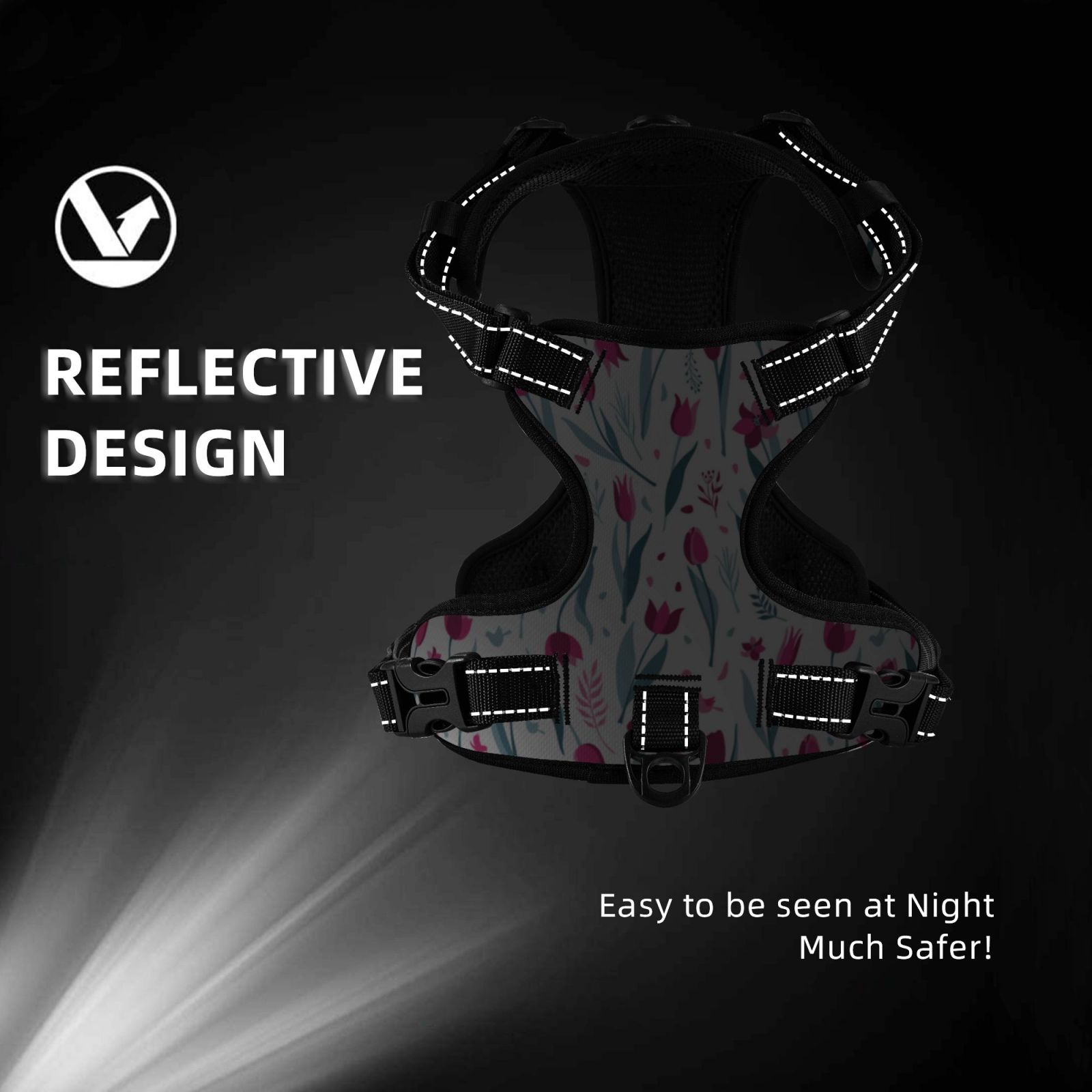 Kdxio Tulips Flowers Print No Pull Dog Harness Adjustable Reflective Oxford Easy Control Medium Large Dog Harness for Training and Everyday-Small