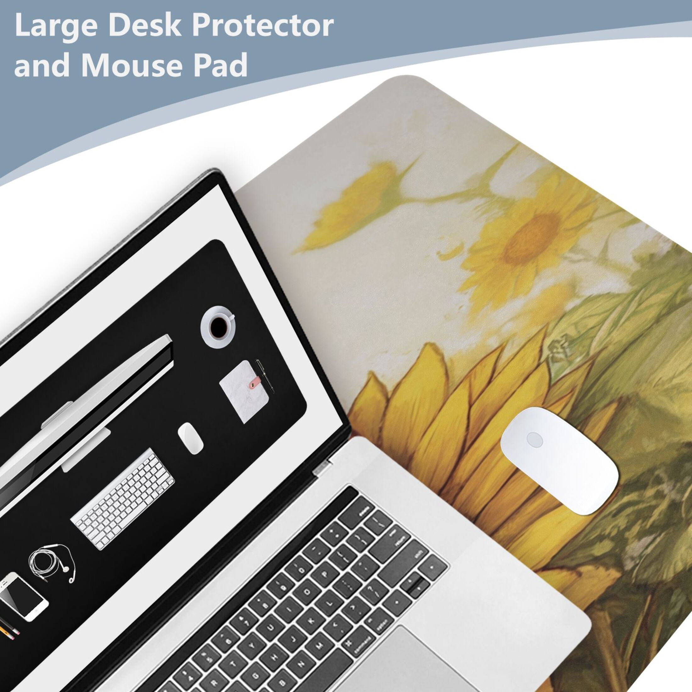Wobogo Dwarf Elves Sunflower Gaming Mouse Pad Non-slip Leather Desk Mat Water Resist Keyboard Pad for Gamer Office 16.5×35.4in