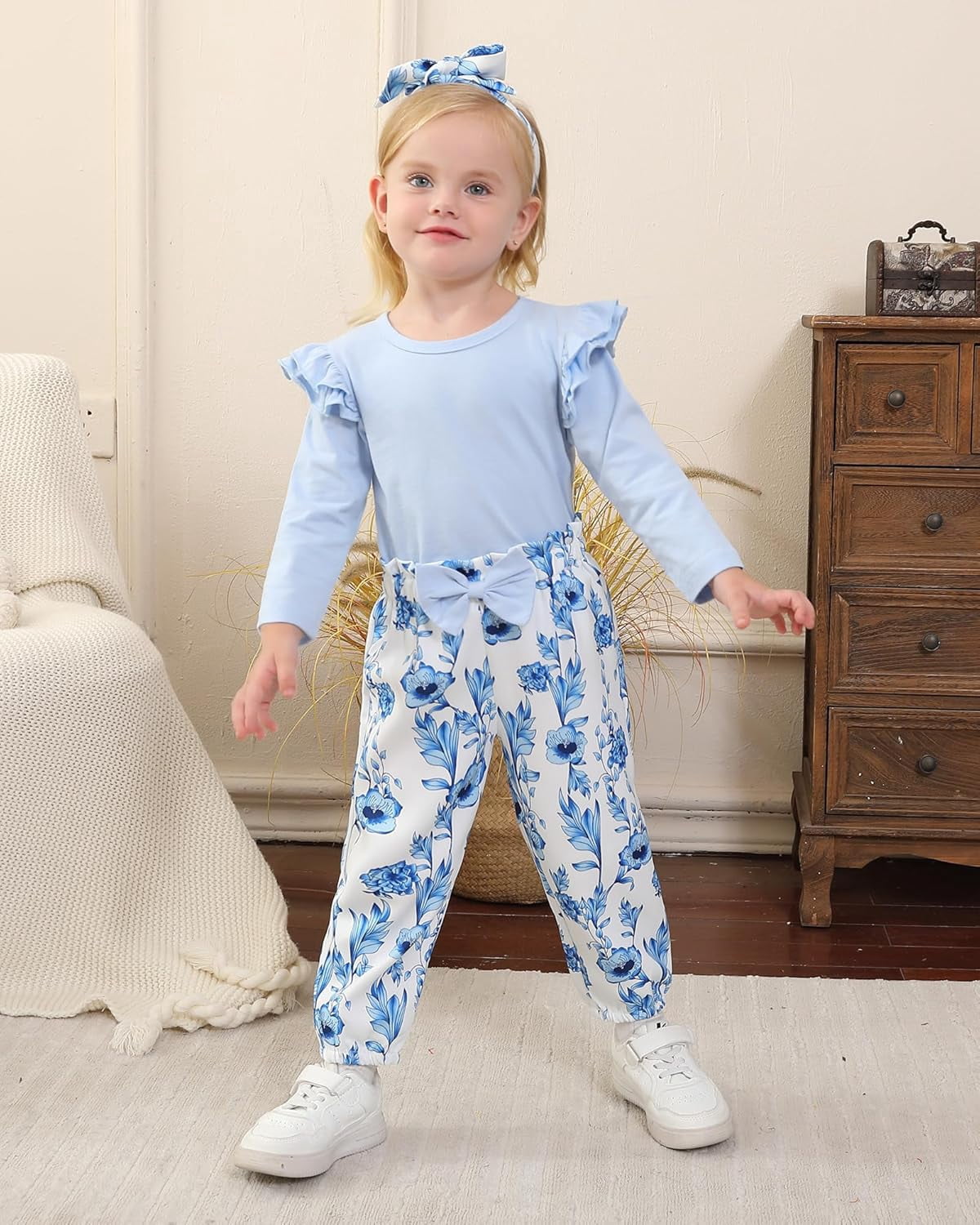 SANMIO Toddler Girl Clothes Outfits Cute Ruffle Sleeve Shirt Floral Pant+Headband 3Pcs Baby Girl Clothing Set 1-6T
