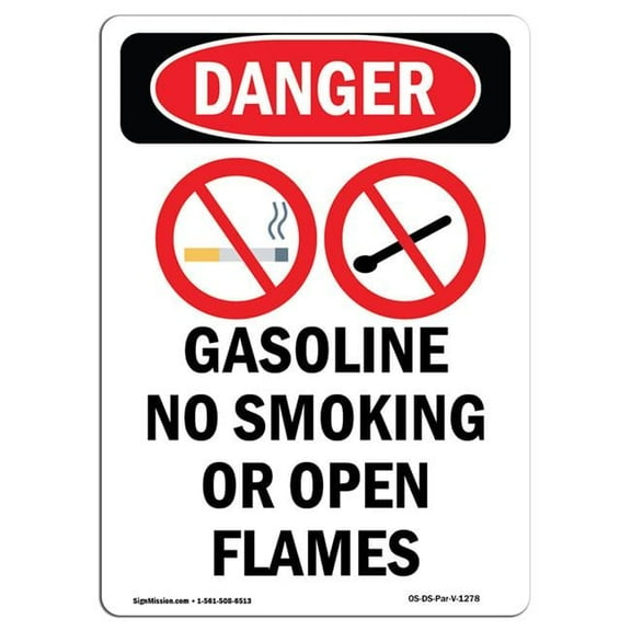 SignMission OS-DS-D-57-V-1278 OSHA Danger Sign - Gasoline No Smoking