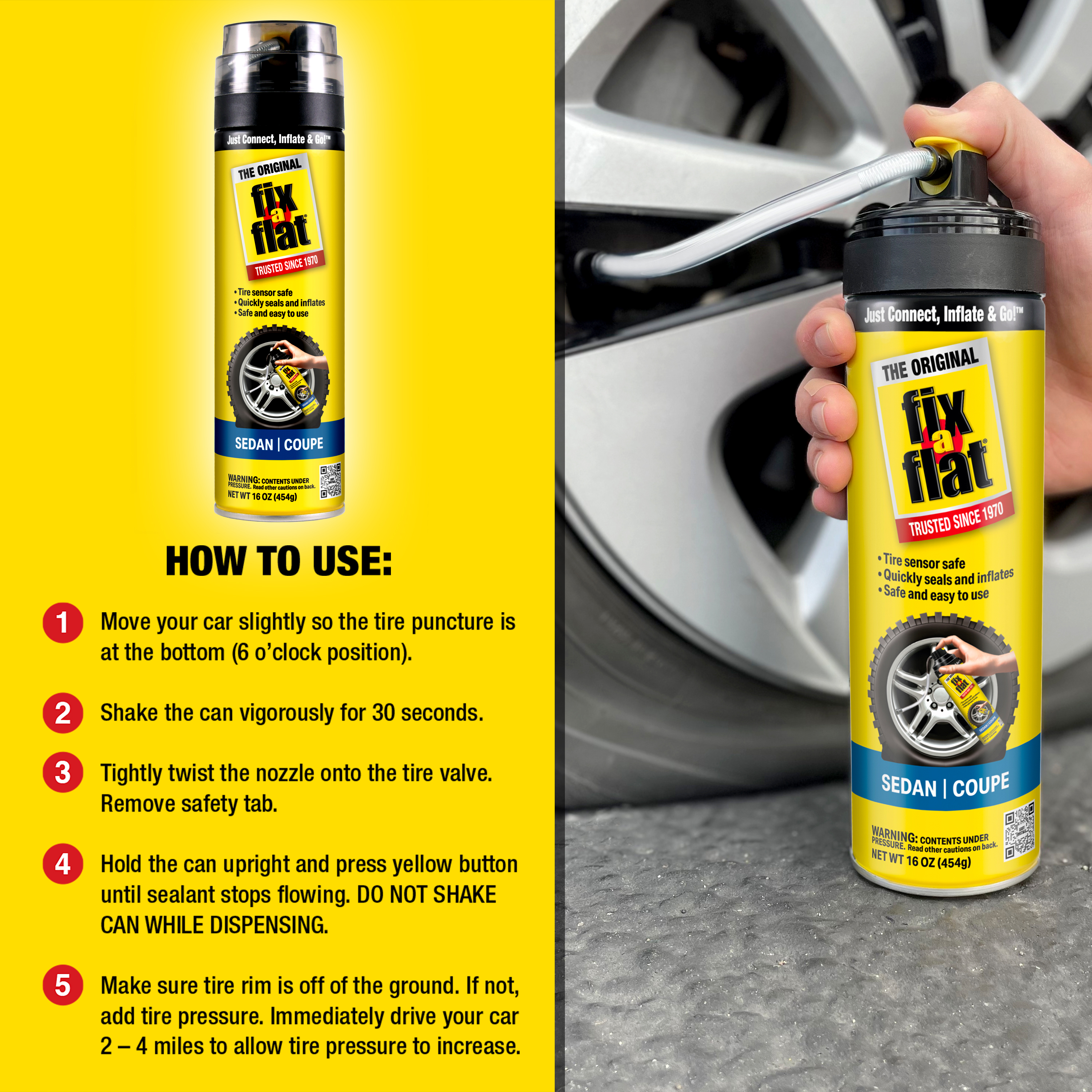 Fix-A-Flat Aerosol Emergency Flat Tire Repair and Inflator, for Standard Tires, Eco-Friendly Formula, Universal Fit for All Cars, 16 oz. (Pack of 1) - S60420 - image 5 of 9