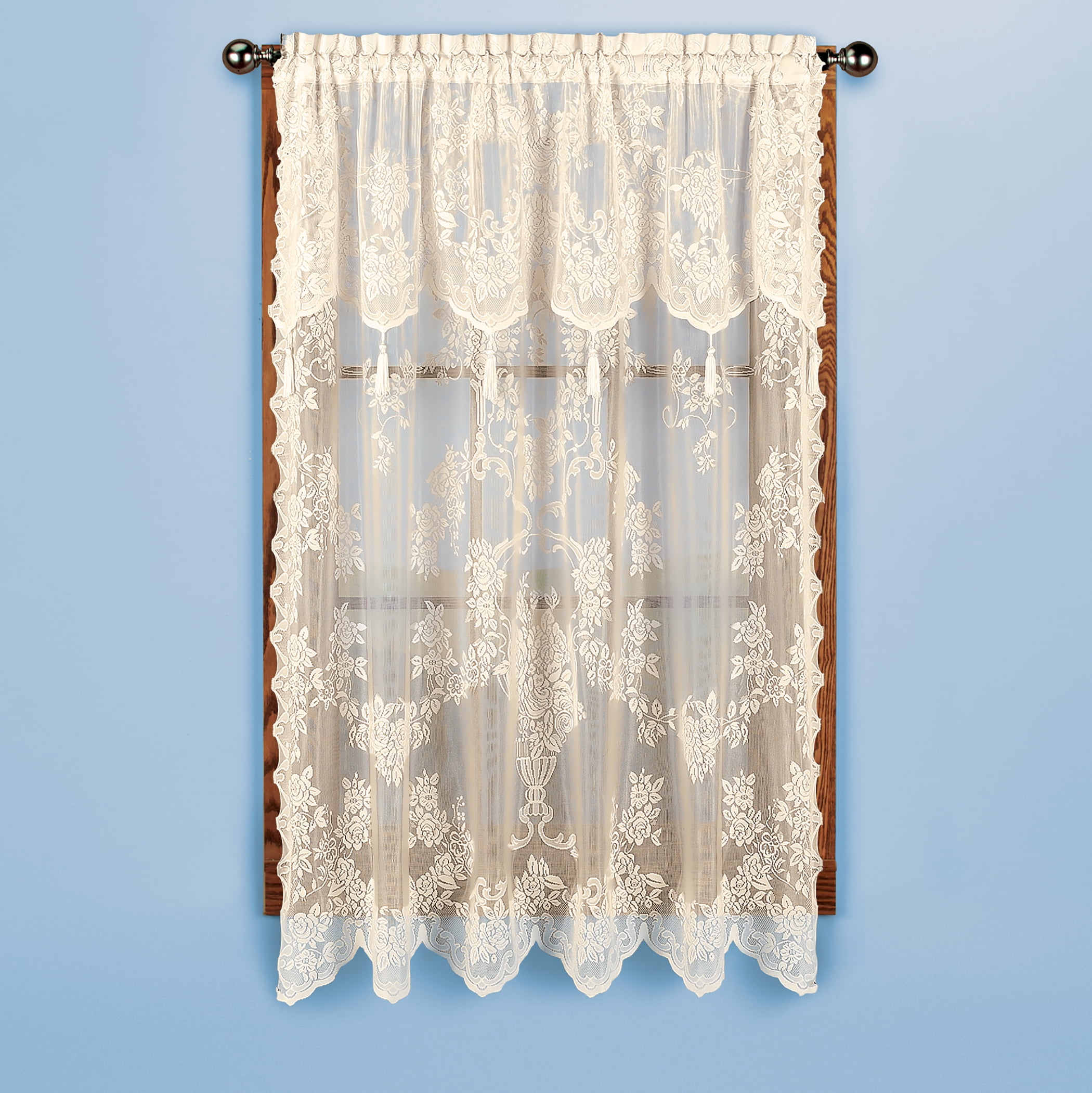 CARLY LACE CURTAIN PANEL WITH ATTACHED VALANCE WITH TASSELS, 63" LONG, ECRU BONE