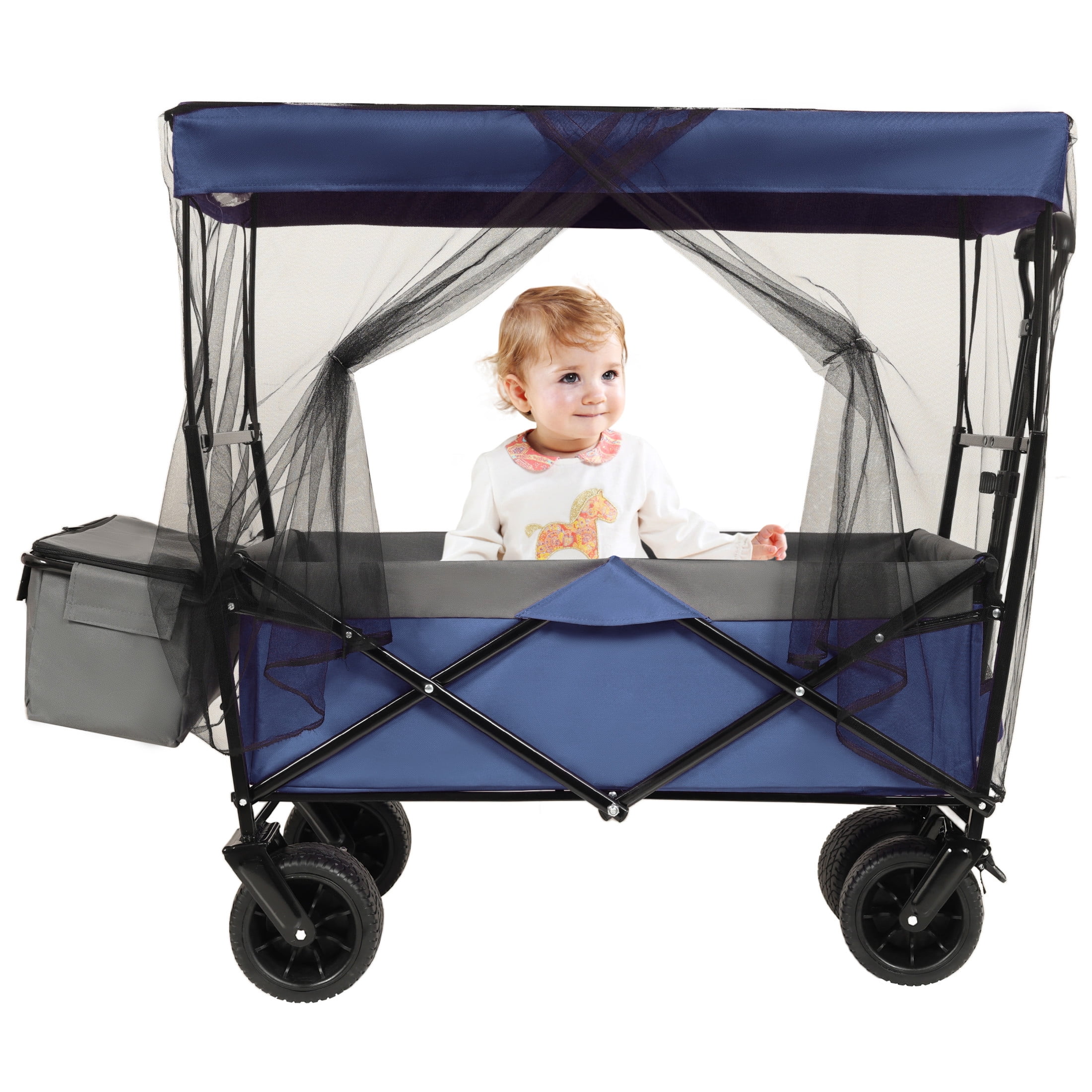 GDF Studio Collapsible Wagon Stroller with Removable Canopy and Mosquito Net, 7" All-Terrain Wheels, Dark Blue