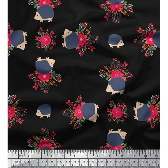 Soimoi Cotton Duck Fabric Leaves,Floral & Hedgehog Kids Print Fabric by The Yard 42 Inch Wide