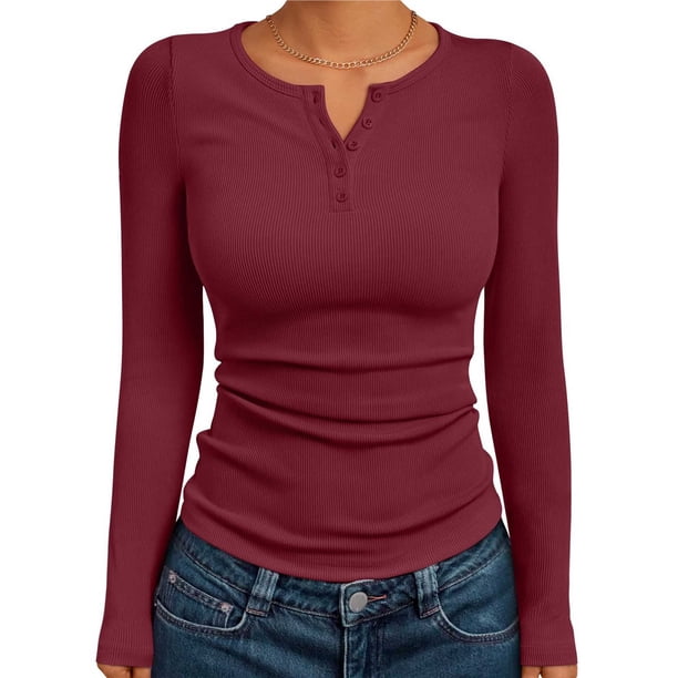 Camisetas de Larga para Mujer, Estilo Henley, Informales, para Otoño Tops Ajustados, Camisetas Básicas de Canalé Rojo Vino M