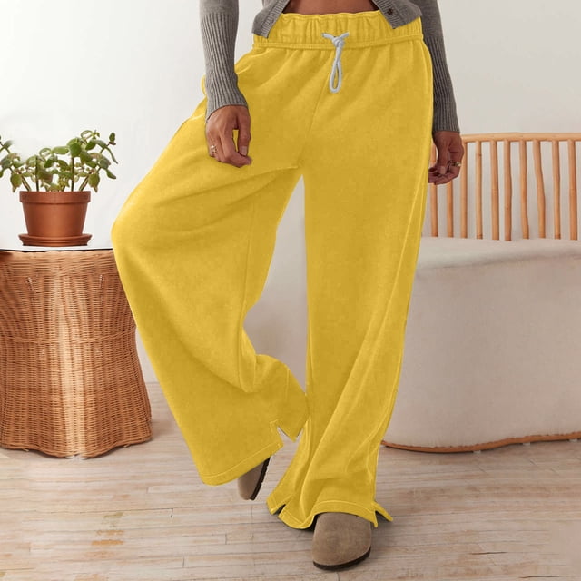 AherBiu Wide Leg Pants for Women Fleece Lined Drawstring Elastic Waisted Solid Color Pants Fall Winter Wide Leg Yoga Pants