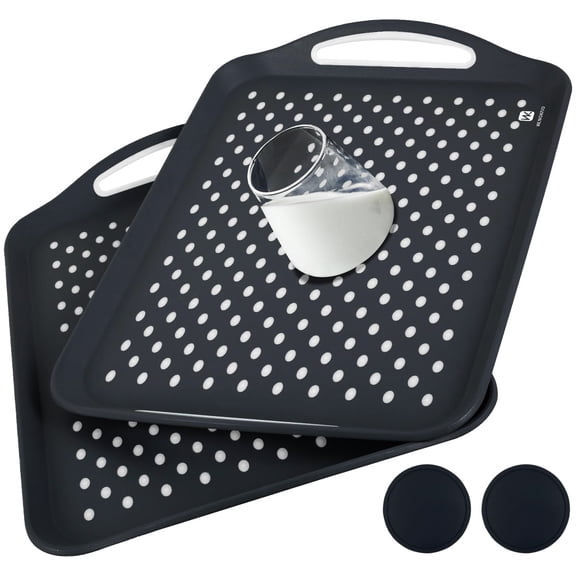 QYLELRA 2 Pcs Large Nonslip Serving Tray with Handles, Silicone Grippy Dots Lap Food Trays for Eating, Dishwasher Safe Serve for Breakfast Dinner Snack Fruit Appetizers Beverage, Black