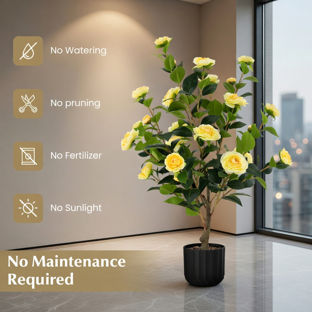 Spaco 38 Inch Artificial Flower Plant in Cement Pot, Artificial Camellia Tree Faux Flower Plant, Artificial Flower for Indoor and Outdoor, Yellow
