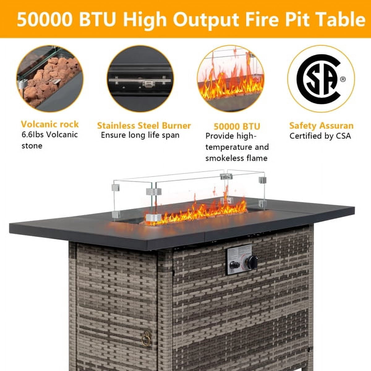 43" Rectangular Gas Fire Pit Table – 50,000 BTU CSA-Certified Outdoor Propane Firepit with Volcanic Stone & Glass Wind Guard