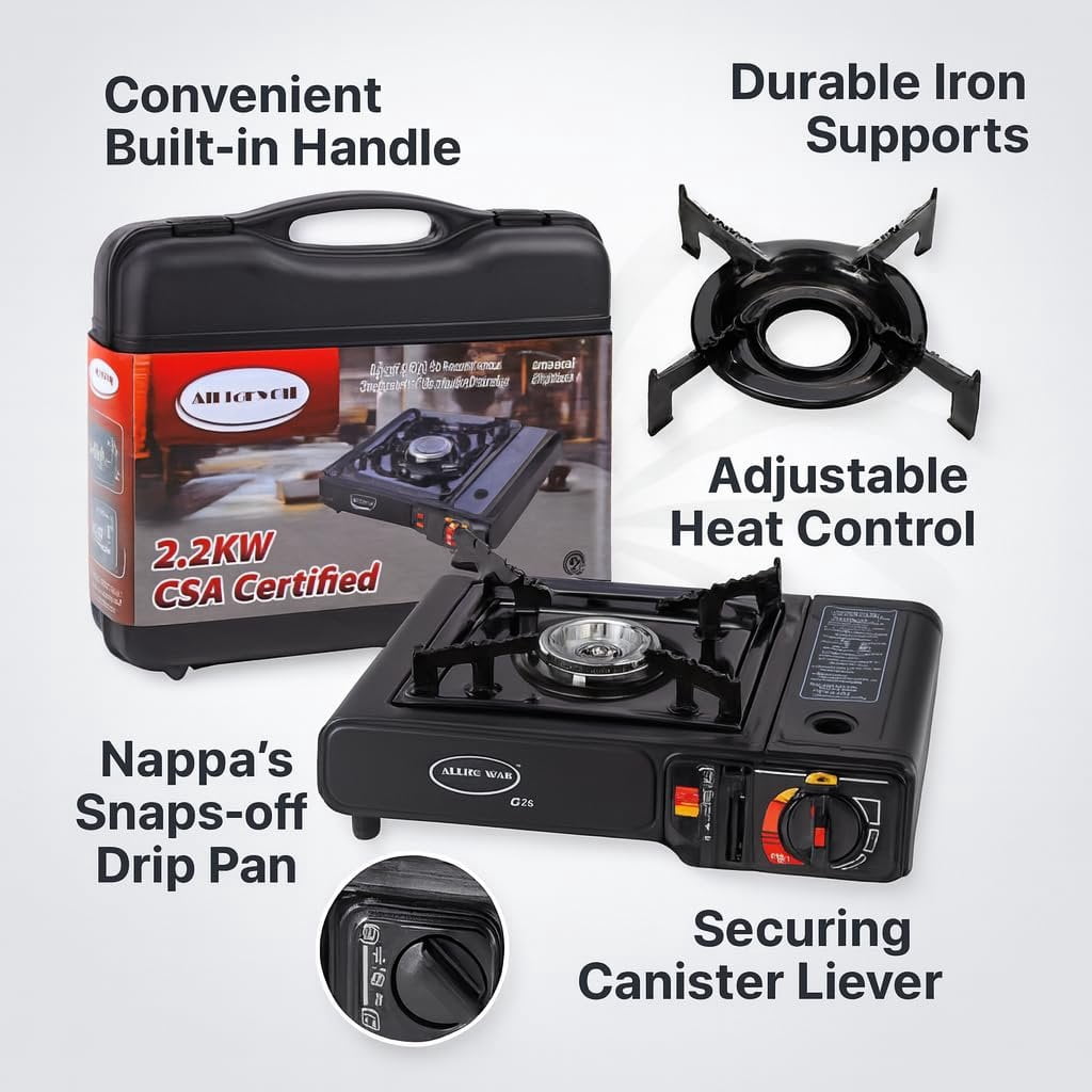 J&V TEXTILES Portable Gas Stove, Single Burner, Black, 2.2KW, CSA Certified, Temperature Control with Indicator Light, Easy to Clean, with Carrying Case