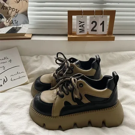 

Women‘s Thick Bottom Lace-up Casual Shoes Color-block Platform Faux Leather Shoes