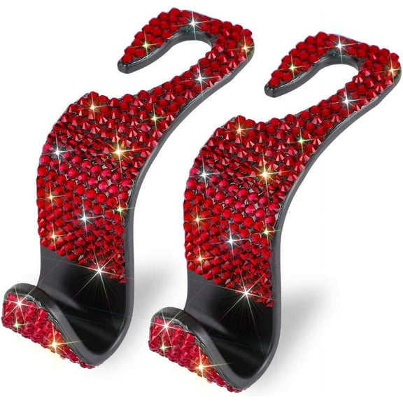 Car Hooks, Handmade Bling Diamond Car Headrest Hangers Organizer Universal Auto Hooks Car Seat Hooks for Vehicle Car, 2 Pack (Red)