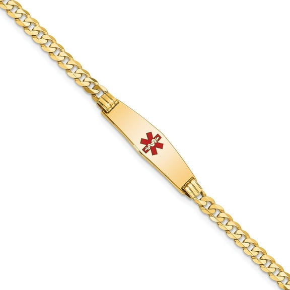14K Yellow Gold Medical Soft Diamond Shape Red Enamel Curb Link Id Bracelet (7 X 7.5) Made In United States xm554cc-7