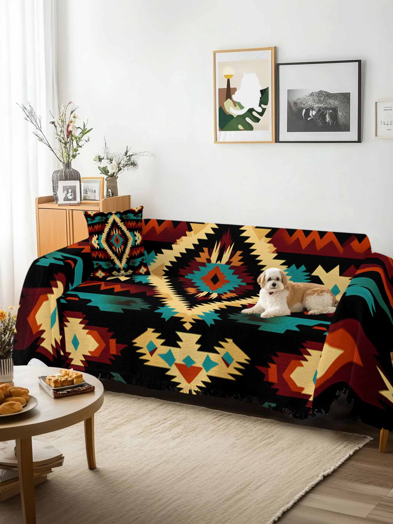 Boho Orange Teal Couch Cover, Vintage Geometric Southwestern Ethnic Sofa Cover Blanket for 3 Cushion Couch,Sectional Sofa Slipcover Furniture Protector for Living Room Bedroom 71''x134''