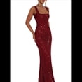 thumbnail image 2 of Vestidos de Fiesta de Sirena con Lentejuelas Brillantes, Tirantes Finos, Escote Cuadrado, Tubo, Formales, para Fiestas de Noche y Clubes Rojo S, 2 of 10