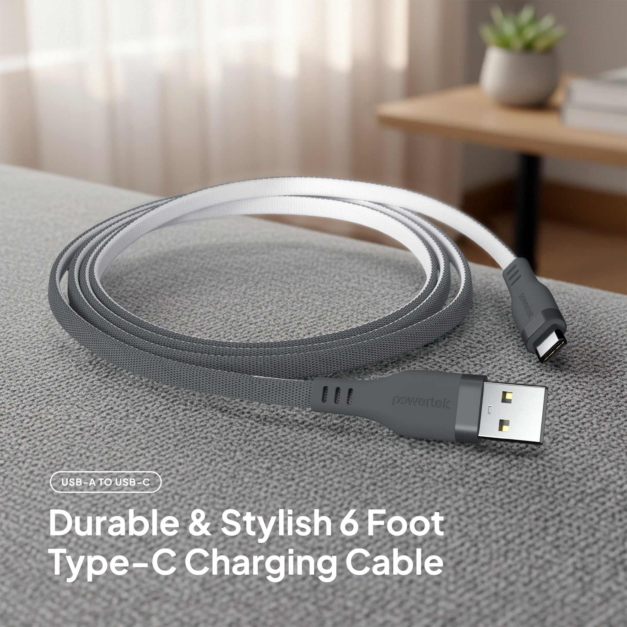 Powertek USB-A to USB-C Two-Tone Pastel Fast Charge Cable, 6 ft, Grey